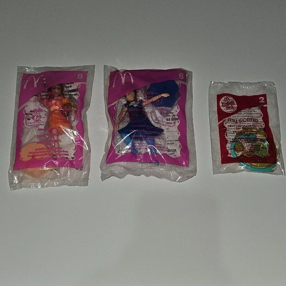 NEW 3 Barbie Doll Toy Lot McDonalds Princess Edeline Courtney Flower Bracelet